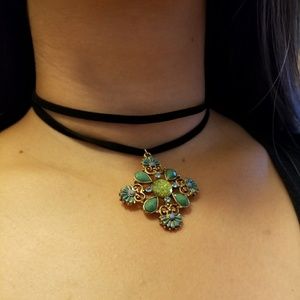 Two layer black choker w/elegant teal n'gold charm